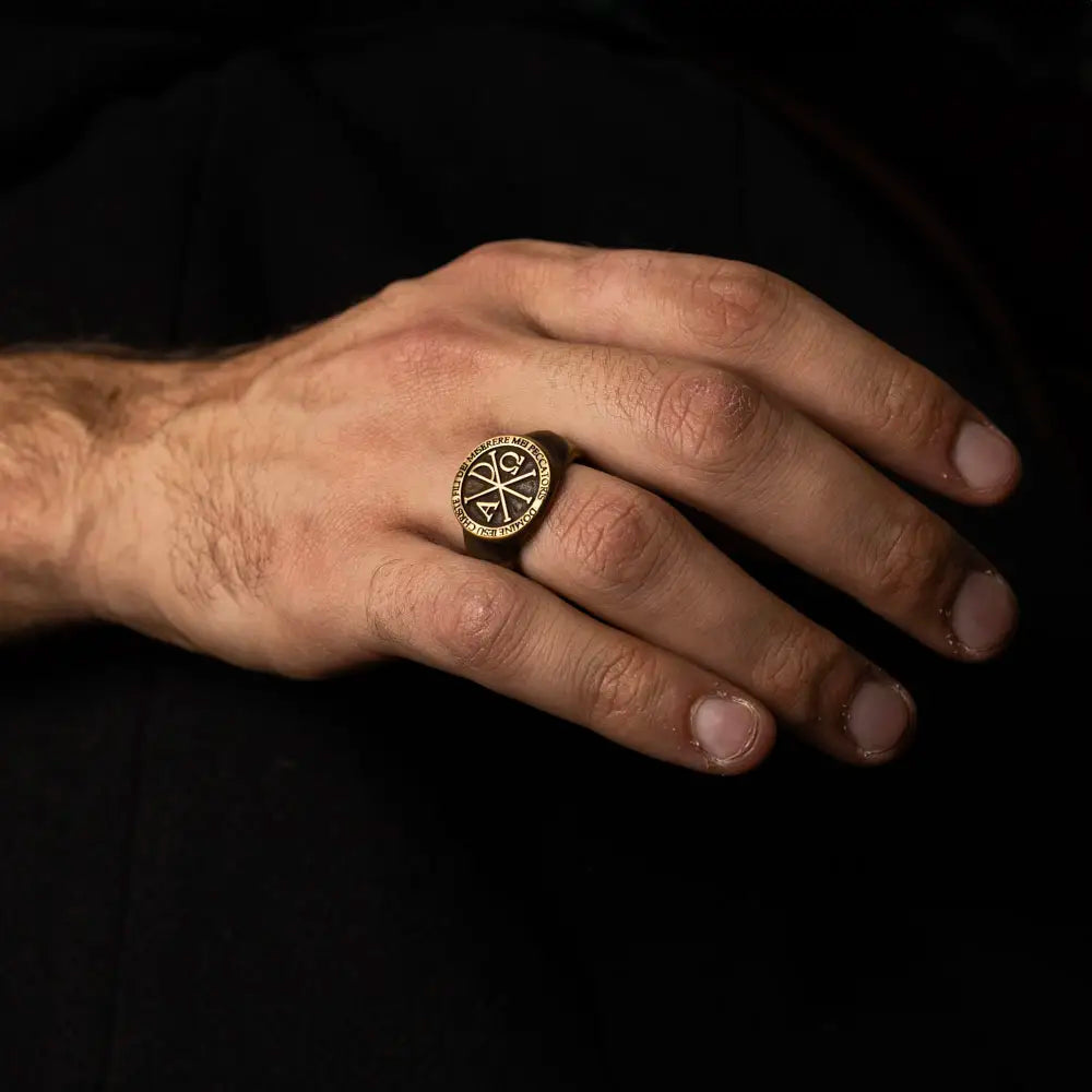 Chi Rho VII, a Chi Rho ring by SPQR Shop, worn on the hand
