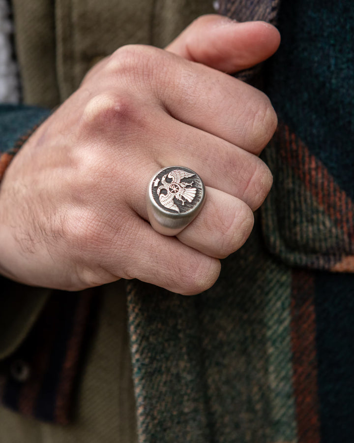 IMPERIAL CHI-RHO RING – THE DOUBLE-HEADED EAGLE worn on hand - SPQR SHOP